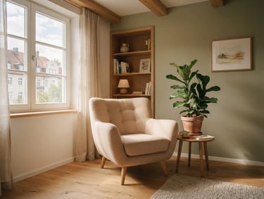 A calm, sunlit therapy room in Munich with natural wood elements, a soft beige armchair, and a green plant in the corner, warm diffused daylight, 35mm