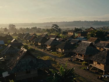 Ultra-wide environmental establishing shot of North Sumatran landscape, a traditional village scene with human interaction, natural golden-hour window light, atmospheric haze, cinematic film photography.