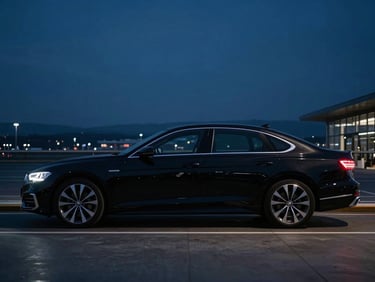 Spotless modern black sedan parked at Zurich Airport at night, cinematic wide environmental shot, low-key evening light, deep midnight tones, 35mm lens, realistic