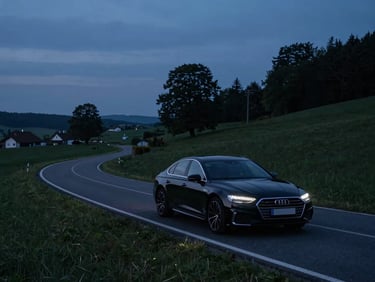 Scenic Swiss road winding through the Aargau countryside at dusk, a modern black sedan driving on it, low-key evening light, cinematic automotive photography, moody blue-hour lighting