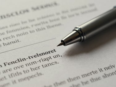 Extreme close-up of a printed term sheet on textured paper, a precise writing instrument resting alongside, soft diffused light, muted neutral tones