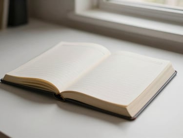 Close-up of an open ledger on a pale desk, soft north-facing window light casting an even glow across the pages, muted tones, no people