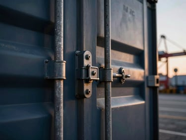 Tight macro shot of a heavy steel cargo seal locked onto a container door, high-contrast morning light, metallic textures, sharp focus
