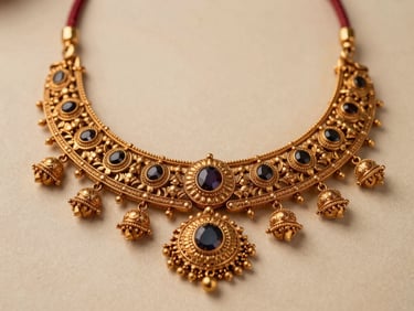 Close-up of an ornate gold bridal necklace, intricately detailed with traditional South Indian motifs, warm side-lighting, champagne gold tones, luxurious.
