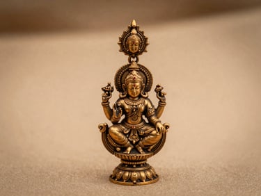 Tight crop of a traditional South Indian temple earring, featuring Lakshmi deity motif, rich 22kt gold, warm directional light, intricate details.