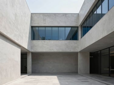 Minimalist architectural photography of a modern Hyderabad office courtyard, soft natural daylight, clean concrete lines, 35mm