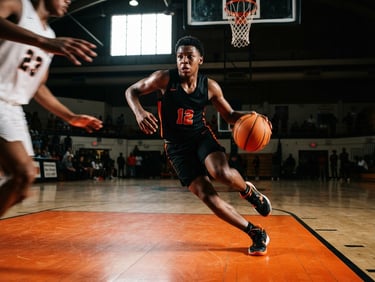 Dynamic low-angle action shot of a young basketball player driving to the hoop, dramatic high-contrast lighting, safety orange court lines, 35mm