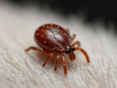 Extreme macro close-up of a tick on pet fur, bright studio flash isolating body segments and mouthparts against dark background, clinical documentary framing, no humans