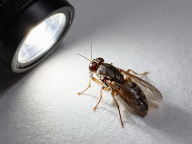 Macro close-up of flea on textile fiber under bright flash illumination, sharp clinical focus showing leg detail and body structure, overhead documentary framing, no humans