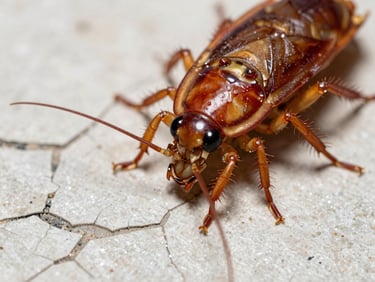 Extreme macro close-up of cockroach antennae and body segments on a cracked tile surface, bright flash revealing surface texture and insect detail, clinical documentary framing, no humans