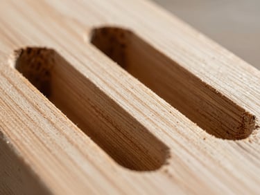 Extreme close-up macro of termite tunnels carved into structural timber, bright natural daylight raking across the wood grain to reveal gallery channels, clinical framing, no humans
