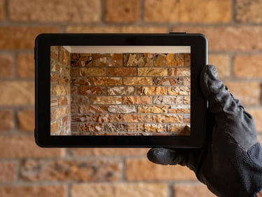 Warm editorial photography, natural daylight, rich charcoal and amber tones, sharp focus, 35mm. A modern high-resolution flue-camera screen displaying a clear masonry interior, held by a technician's gloved hand.