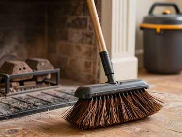 Warm editorial photography, natural daylight, rich charcoal and amber tones, sharp focus, 35mm. Close-up of a professional steel chimney brush resting next to a clean hearth, dust-containment equipment visible in the background.