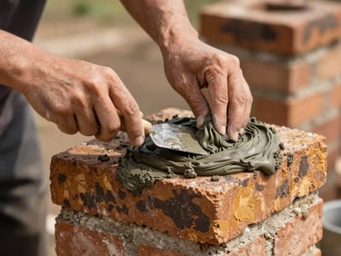 Warm editorial photography, natural daylight, rich charcoal and amber tones, sharp focus, 35mm. Close-up of hands carefully applying fresh mortar to a brick chimney crown, trowel in hand, clean work site.