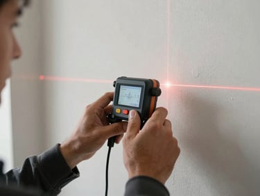 Close-up action shot of a technician's hands using a digital laser measure against a clean, newly finished structural wall, bright work light, sharp focus.