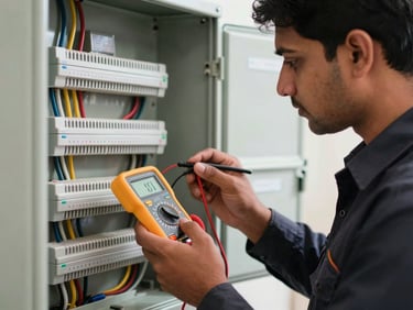 Close-up of a site-certified engineer in a dark uniform inspecting a neatly routed electrical distribution board with a digital multimeter in a bright Bengaluru apartment.