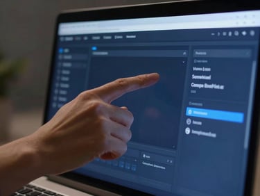 Close-up of hands interacting with a clean software interface on a modern screen, cool daylight, deep navy tones