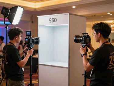 Behind the scenes of an event setup, technicians testing a 360 video booth, professional lighting, crisp details, 35mm