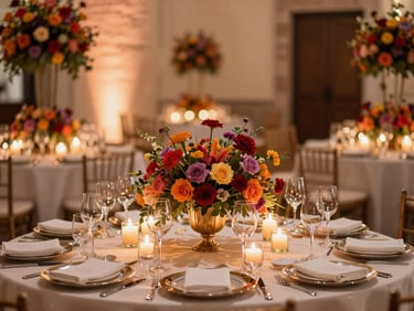 High-end wedding table setup in Torreón, custom floral arrangements, elegant glassware, warm ambient candle light, 35mm