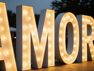Close-up of giant illuminated letters spelling AMOR at dusk, warm golden glow, editorial event design, 35mm