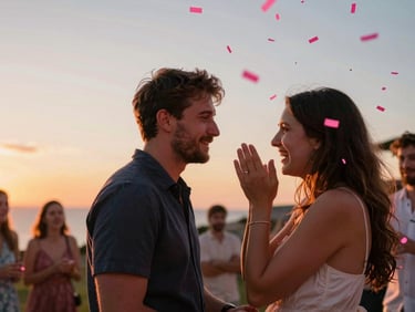 Emotional reaction of a couple during a gender reveal party, pink confetti falling, warm sunset light, 35mm