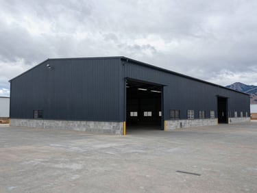 Wide-angle site photo of a commercial steel-frame warehouse in Cheyenne, raw concrete slab foundation, overcast mountain sky.