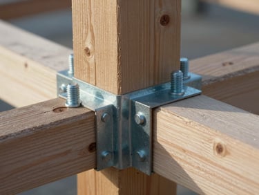 Tight macro shot of heavy timber joints secured with industrial steel plates and massive bolts, raw wood grain, cold morning light.