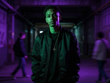 Gritty street portrait of a trap artist in a dark industrial zone, neon violet backlight, moody atmosphere, high contrast shadows