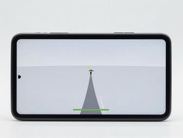 Macro shot of an Android screen showing a minimalist space shooter game, fluid mechanics, clean product-centric composition
