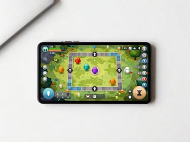 Overhead flat-lay of an Android device on a clean workspace displaying a turn-based strategy game interface, soft studio lighting