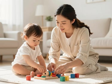 A warm, high-end editorial photo of a qualified young female nanny engaging a toddler with wooden educational toys in a sunlit, clean room, soft natural daylight, shallow depth of field, 35mm