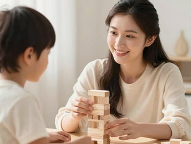 A young female educator smiling warmly while building a block tower with a young child, soft natural daylight, cream tones, 35mm