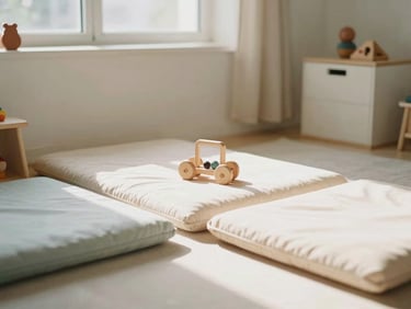 A clean, safe playroom with soft cushions and wooden toys, warm sunlight streaming through a window, gentle shadows, 35mm