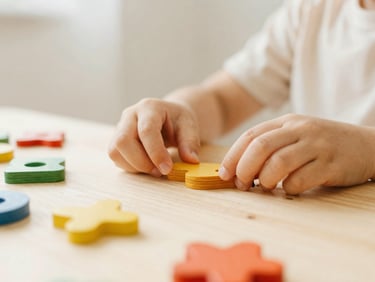 Soft daylight close-up of a child's hands sorting colorful wooden shapes on a light wooden table, warm tones, shallow depth of field, 35mm