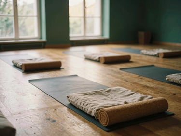 Warm editorial photography of a spacious, serene meditation hall in Bucharest. Soft golden hour light streams through large windows onto polished oak floors. Neatly rolled cork yoga mats and linen meditation cushions sit in a quiet, unposed arrangement. Shallow depth of field, 35mm film.