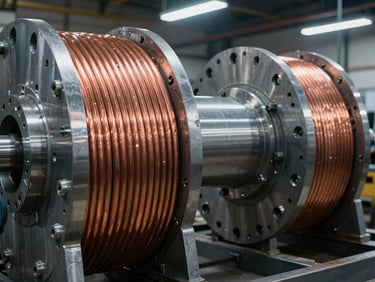 Tight macro shot of massive copper coils winding around a heavy magnetic steel transformer core, industrial workshop lighting, 35mm lens.