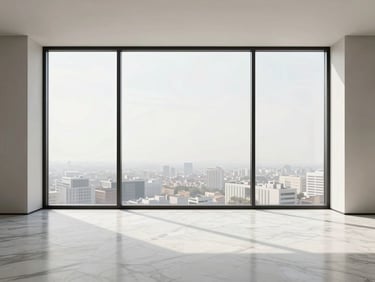 Minimalist luxury living room, floor-to-ceiling windows, cityscape view, honed marble floors, crisp high-contrast daylight, architectural render style
