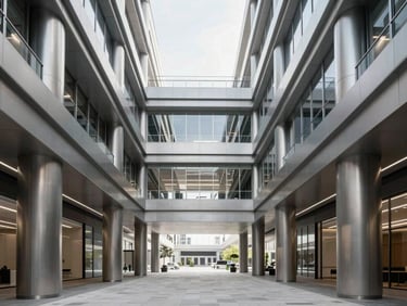 Modern office building lobby, brushed steel accents, high ceilings, natural light, wide-angle structural shot, architectural render style
