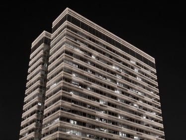 Abstract 3D structural wireframe of a building, glowing lines on a dark background, emphasizing spatial depth, architectural render style