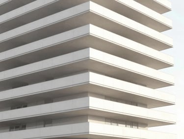 Abstract 3D structural wireframe render of a modern building, crisp high-contrast daylight, minimalist neutral tones, sharp focus, architectural render style