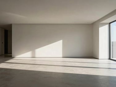 Wide-angle interior shot of a minimalist modern living space with dramatic clean shadows, crisp high-contrast daylight, sharp focus, architectural render style