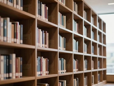 Crisp architectural detail of a modern library reading room, deep grounded tones.