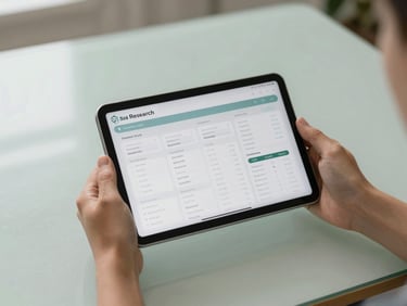 Hands holding a tablet displaying a financial research app, natural light, minimalist desk.