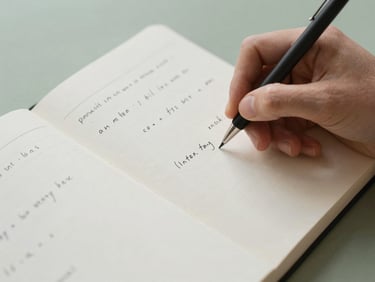 Close-up of a hand writing notes in a physical notebook, data points and observations, natural light.