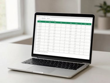 Screen of a laptop showing a detailed financial spreadsheet, natural light, clean workspace.