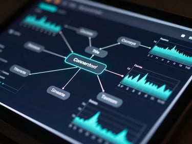 Macro shot of a high-end dark-mode dashboard interface showing node-based conversational flow diagrams and real-time latency graphs, electric cyan highlights, sharp cool rim lights