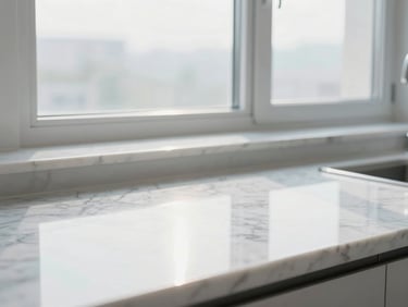 Bright clean interior photography, soft morning window light reflecting off immaculate marble countertops, minimalist styling, 35mm lens