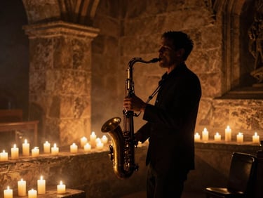 A silhouette of a saxophonist performing in a low-light stone chapel, warm amber glow from candles, smoky atmosphere, cinematic