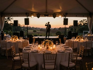 Medium-wide environmental shot of a sophisticated wedding reception at golden hour, warm amber stage lighting, Redge performing in silhouette, elegant atmosphere.