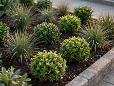 Close-up of freshly installed coastal garden bed in soft morning light — compact salt-tolerant shrubs and ornamental grasses settled into dark prepared soil, stone edging visible at the border, no people